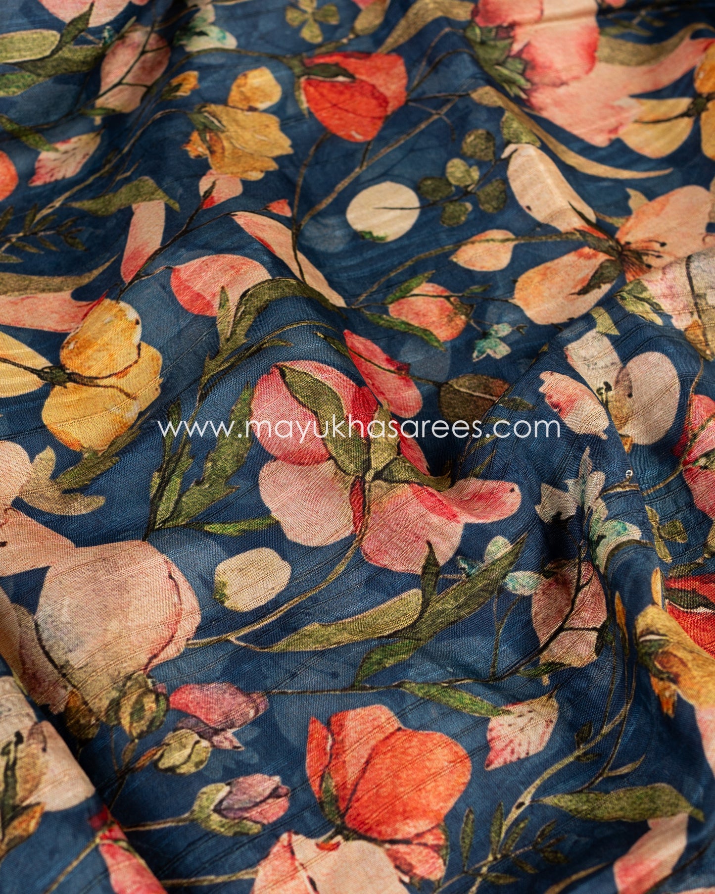 Regal Blooms: Tassar Banarasi Saree, Floral Prints, Free Shipping And Stitched Blouse In Size 38-66