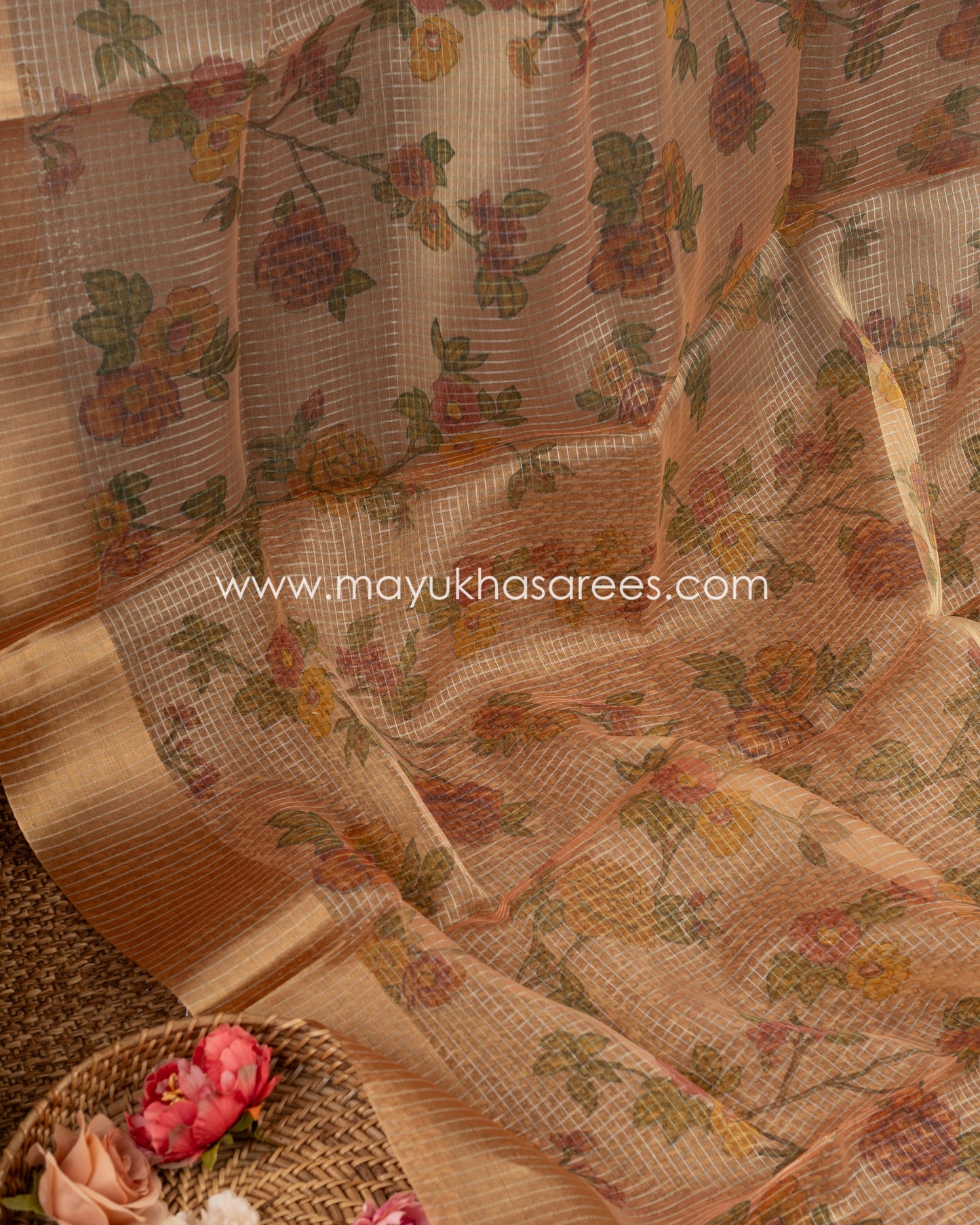 Ethereal Blossoms: Pure Organza Saree, Floral Prints, Free Shipping And Stitched Blouse In Size 38-67