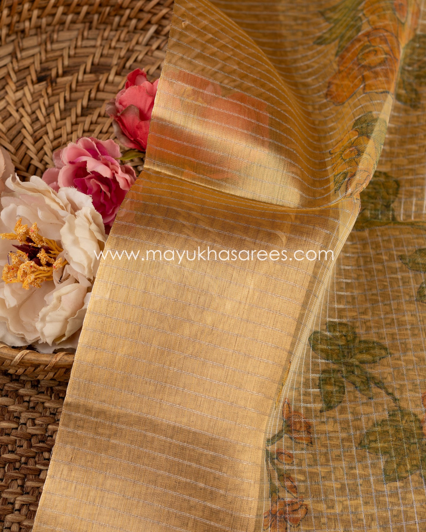 Ethereal Blossoms: Pure Organza Saree, Floral Prints, Free Shipping And Stitched Blouse In Size 38-67