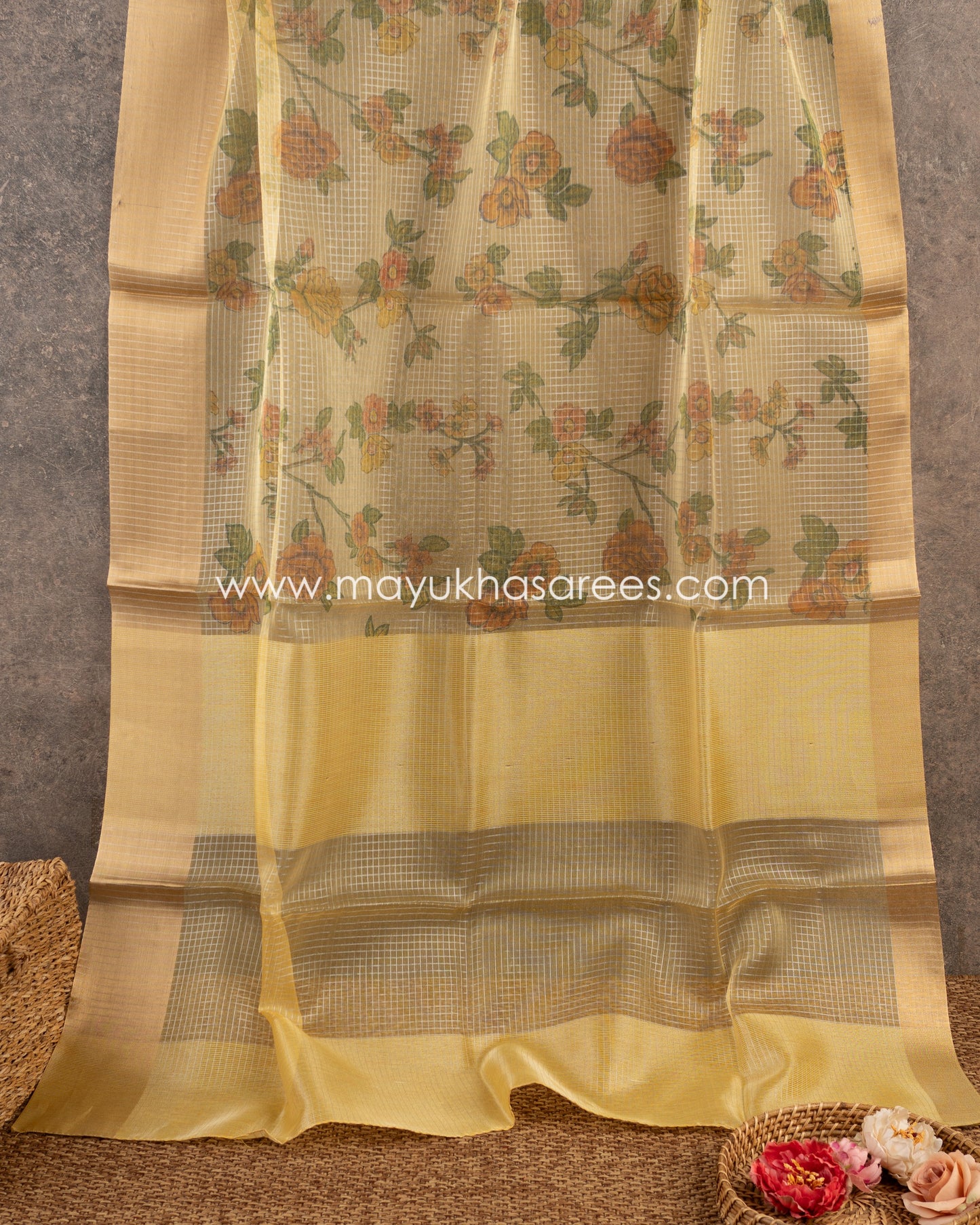 Blossom Harmony: Pure Organza Saree, Floral Prints, Free Shipping And Stitched Blouse In Size 38-68