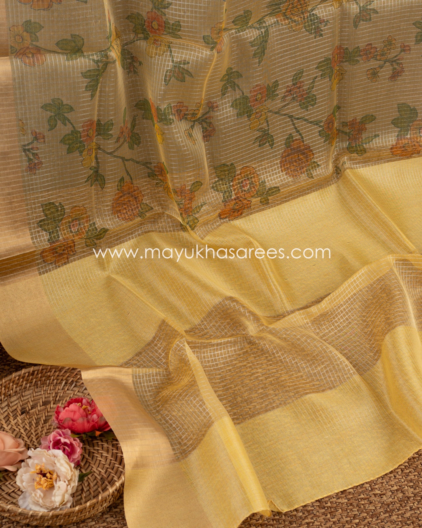 Blossom Harmony: Pure Organza Saree, Floral Prints, Free Shipping And Stitched Blouse In Size 38-68