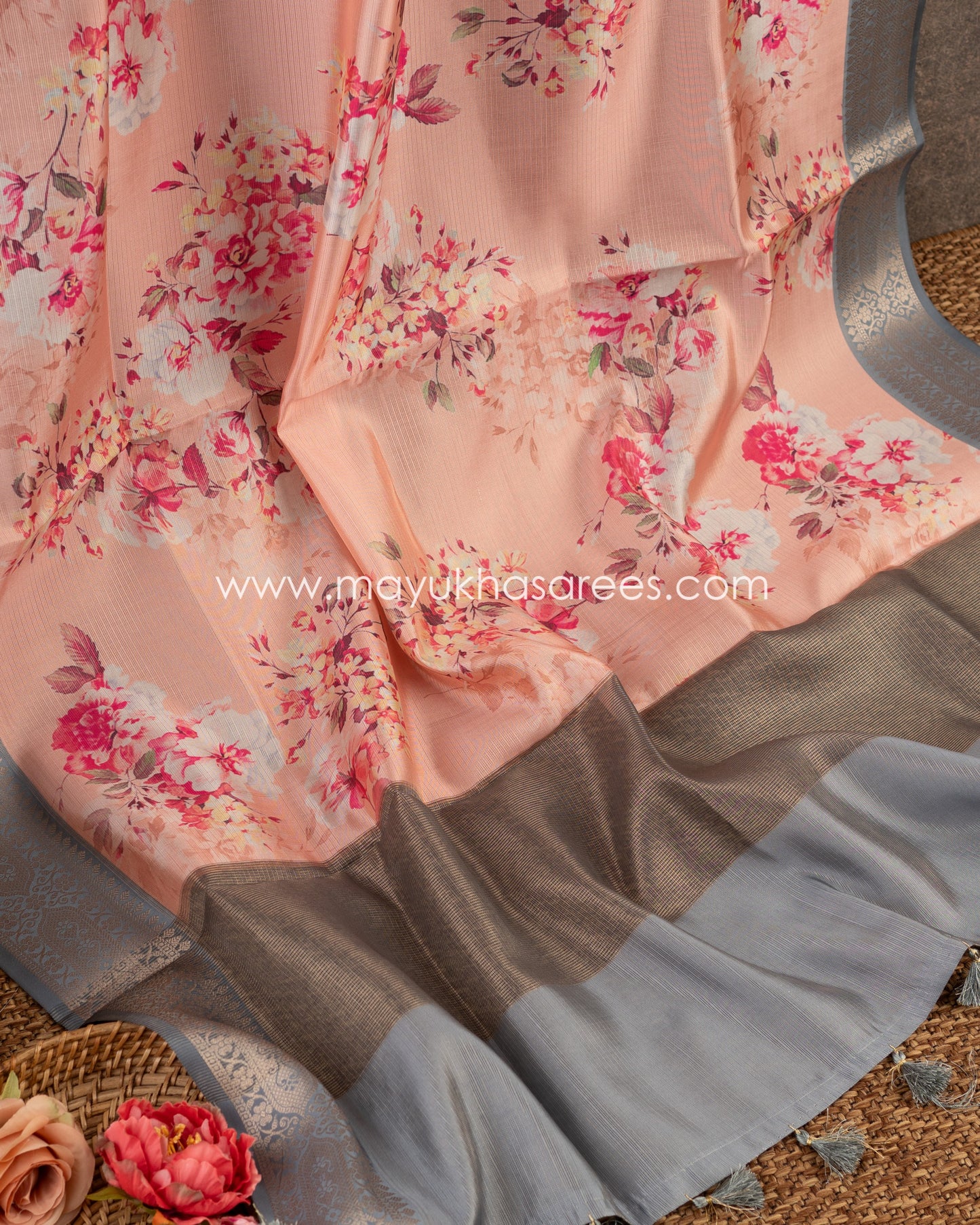 Peach Blossom Elegance: Tissue Tassar Banarasi Blend Saree, Floral Prints, Free Shipping And Stitched Blouse In Size 38-69