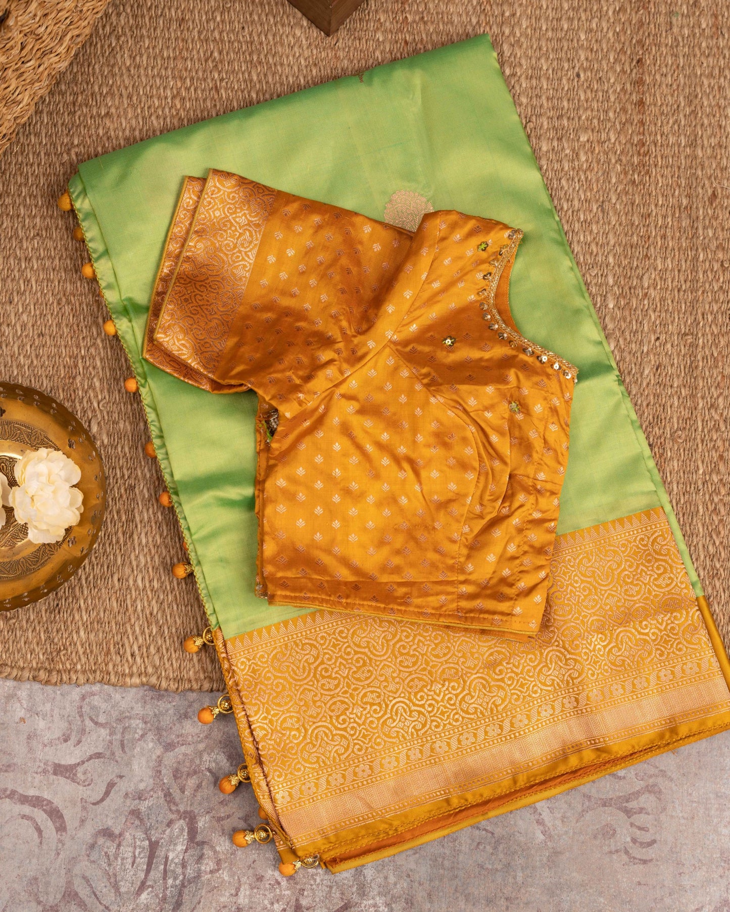 Banarasi Katan The Nature Green And Mustardsaree With Stitched Blouse In Size 38-44