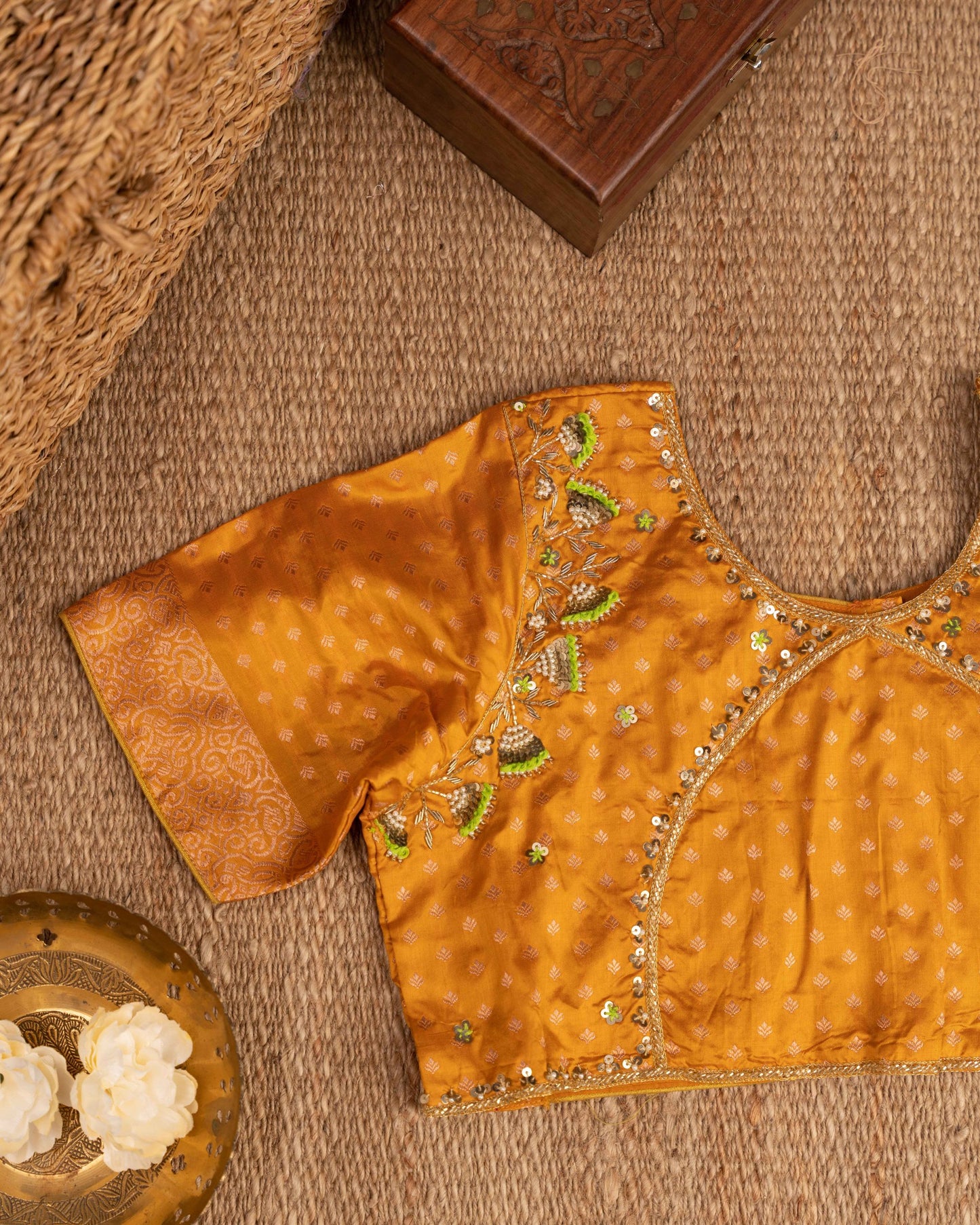 Banarasi Katan The Nature Green And Mustardsaree With Stitched Blouse In Size 38-44