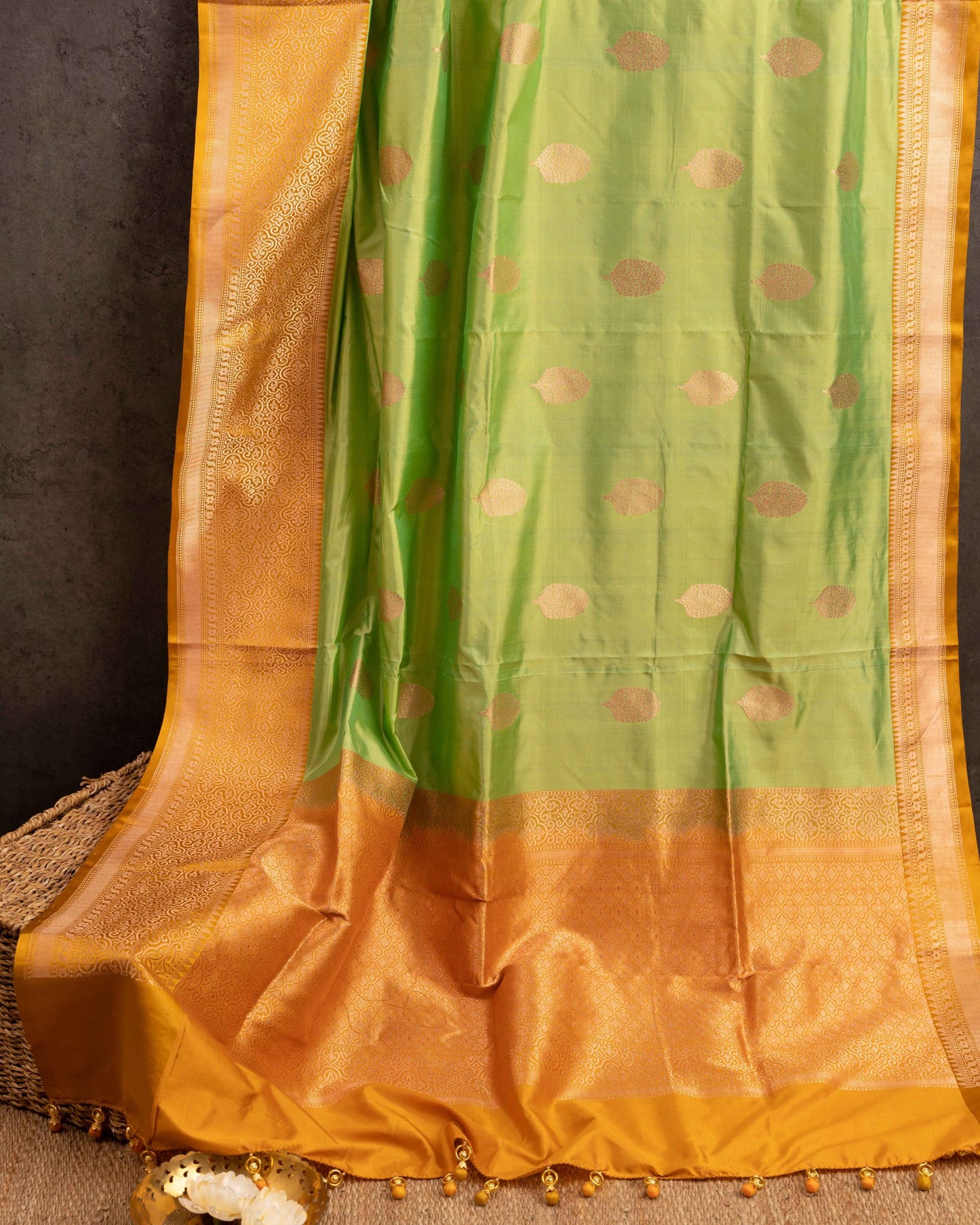 Banarasi Katan The Nature Green And Mustardsaree With Stitched Blouse In Size 38-44