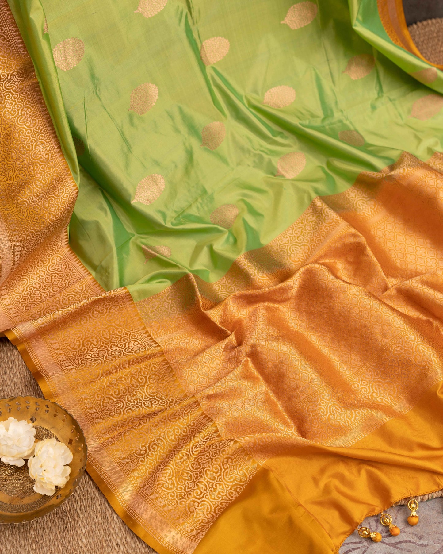 Banarasi Katan The Nature Green And Mustardsaree With Stitched Blouse In Size 38-44