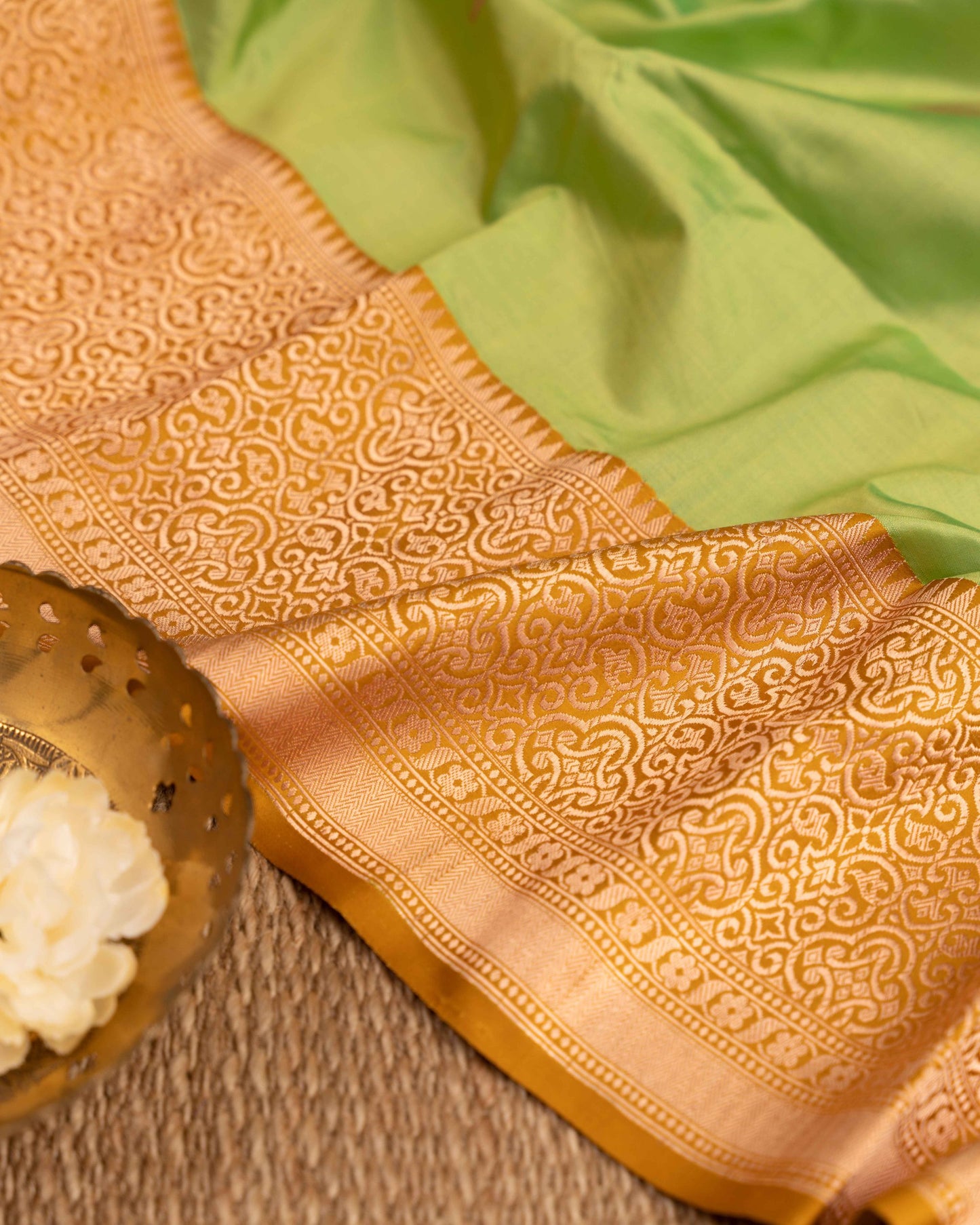 Banarasi Katan The Nature Green And Mustardsaree With Stitched Blouse In Size 38-44