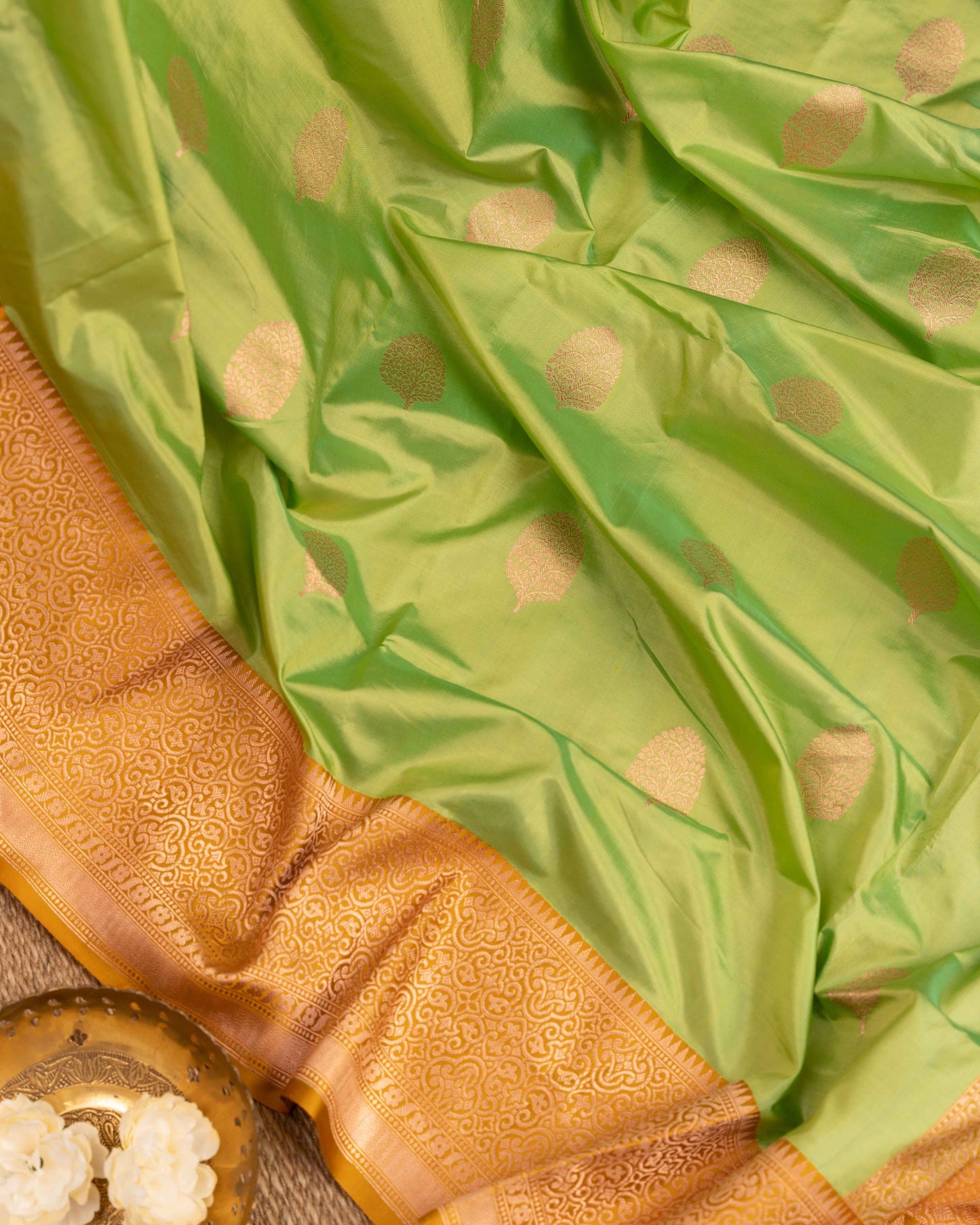 Banarasi Katan The Nature Green And Mustardsaree With Stitched Blouse In Size 38-44