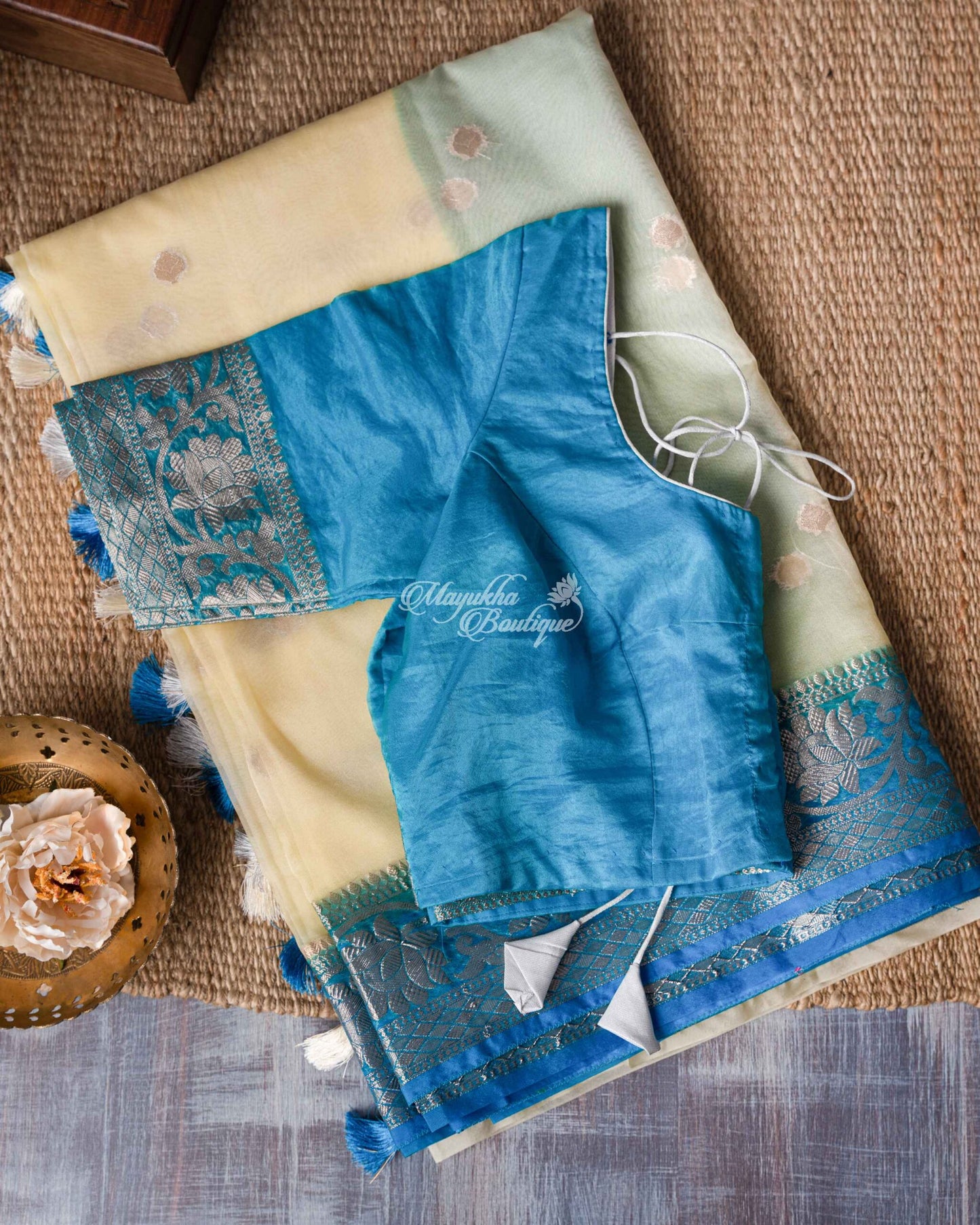 Banarasi Kora Beige & Ocean Blue Yellow-Blue Glitz Saree With Stitched Blouse In Size 38-44