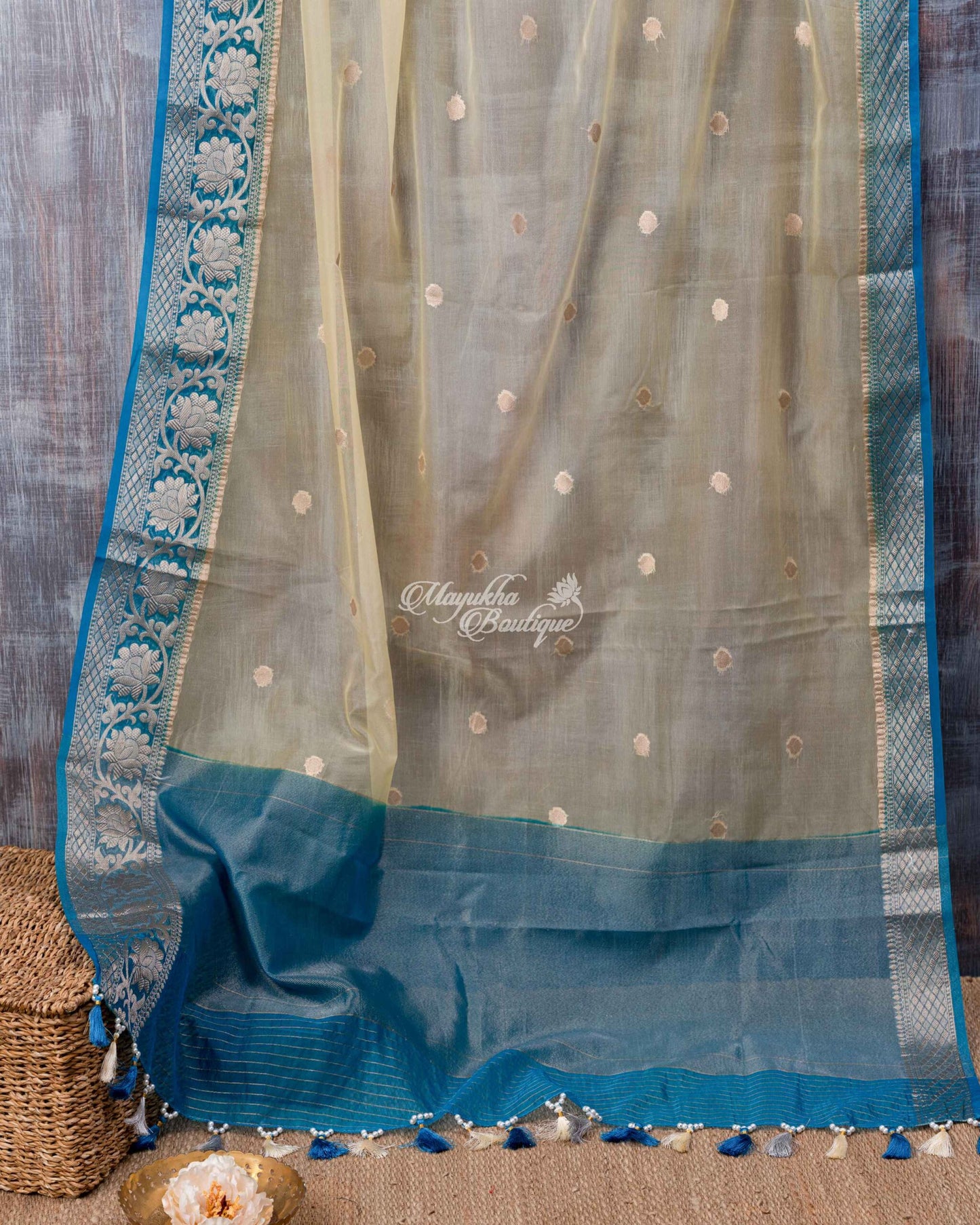 Banarasi Kora Beige & Ocean Blue Yellow-Blue Glitz Saree With Stitched Blouse In Size 38-44