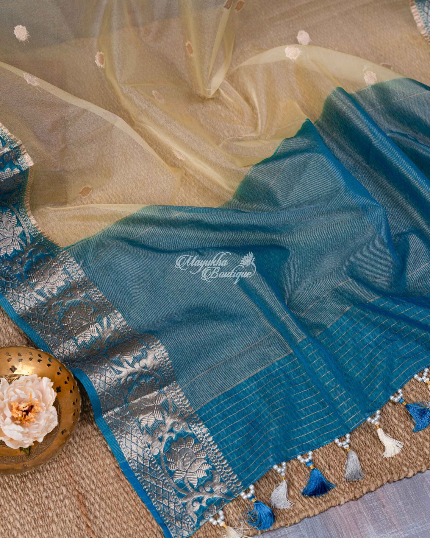 Banarasi Kora Beige & Ocean Blue Yellow-Blue Glitz Saree With Stitched Blouse In Size 38-44