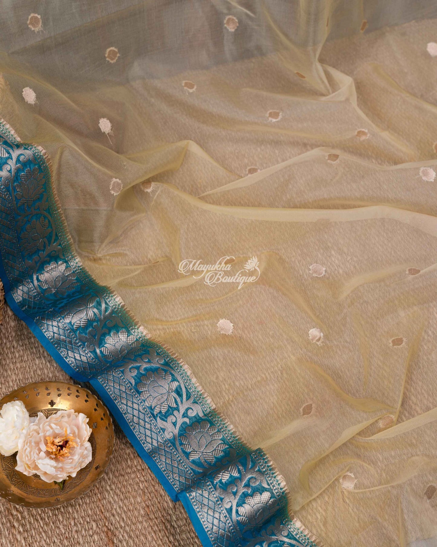 Banarasi Kora Beige & Ocean Blue Yellow-Blue Glitz Saree With Stitched Blouse In Size 38-44