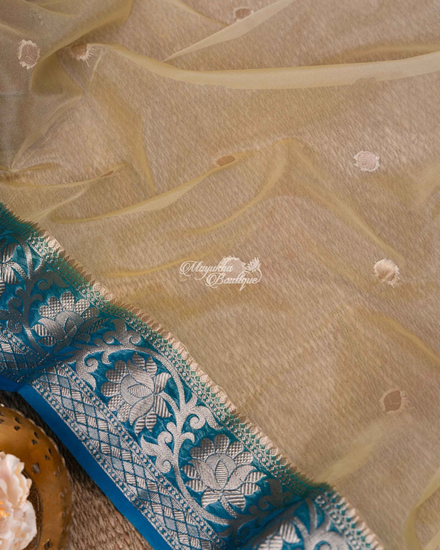 Banarasi Kora Beige & Ocean Blue Yellow-Blue Glitz Saree With Stitched Blouse In Size 38-44