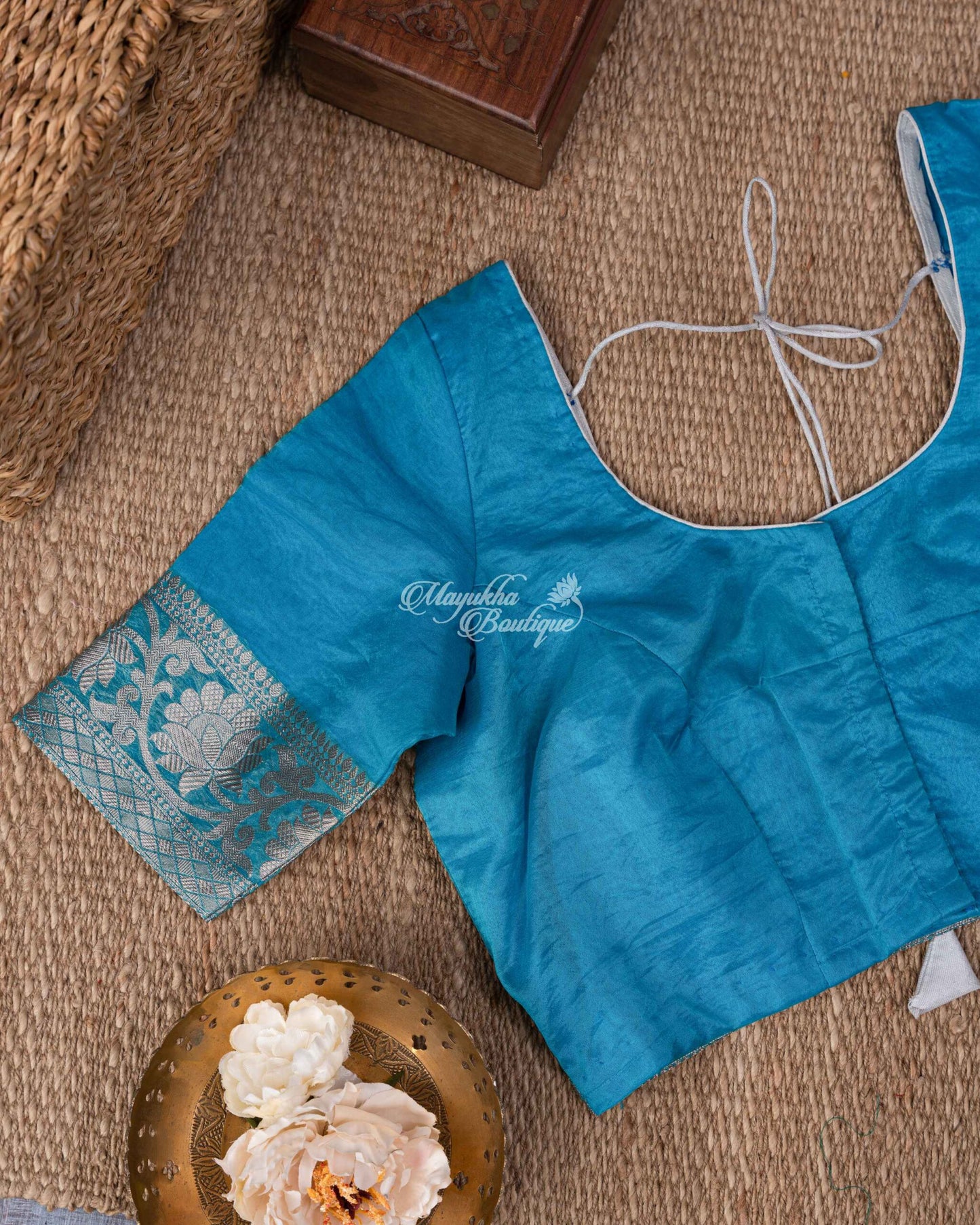 Banarasi Kora Beige & Ocean Blue Yellow-Blue Glitz Saree With Stitched Blouse In Size 38-44