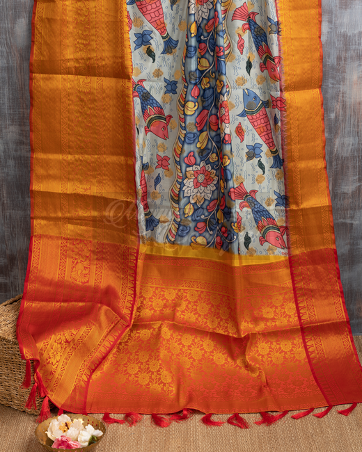 Banarasi Dola White Kalamkari Saree