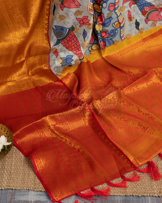 Banarasi Dola White Kalamkari Saree