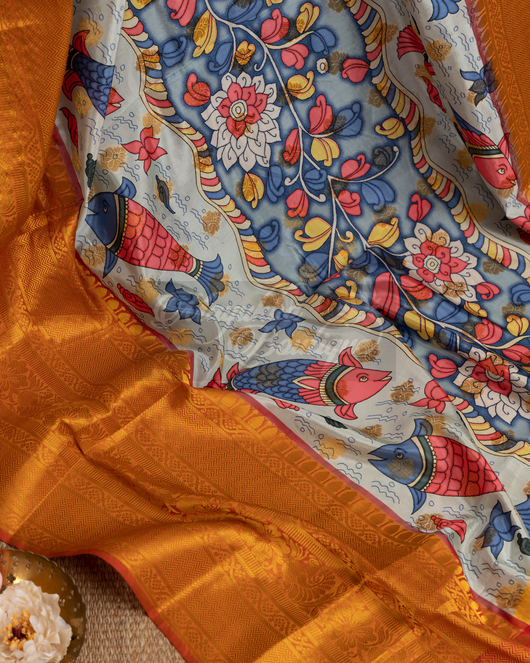 Banarasi Dola White Kalamkari Saree