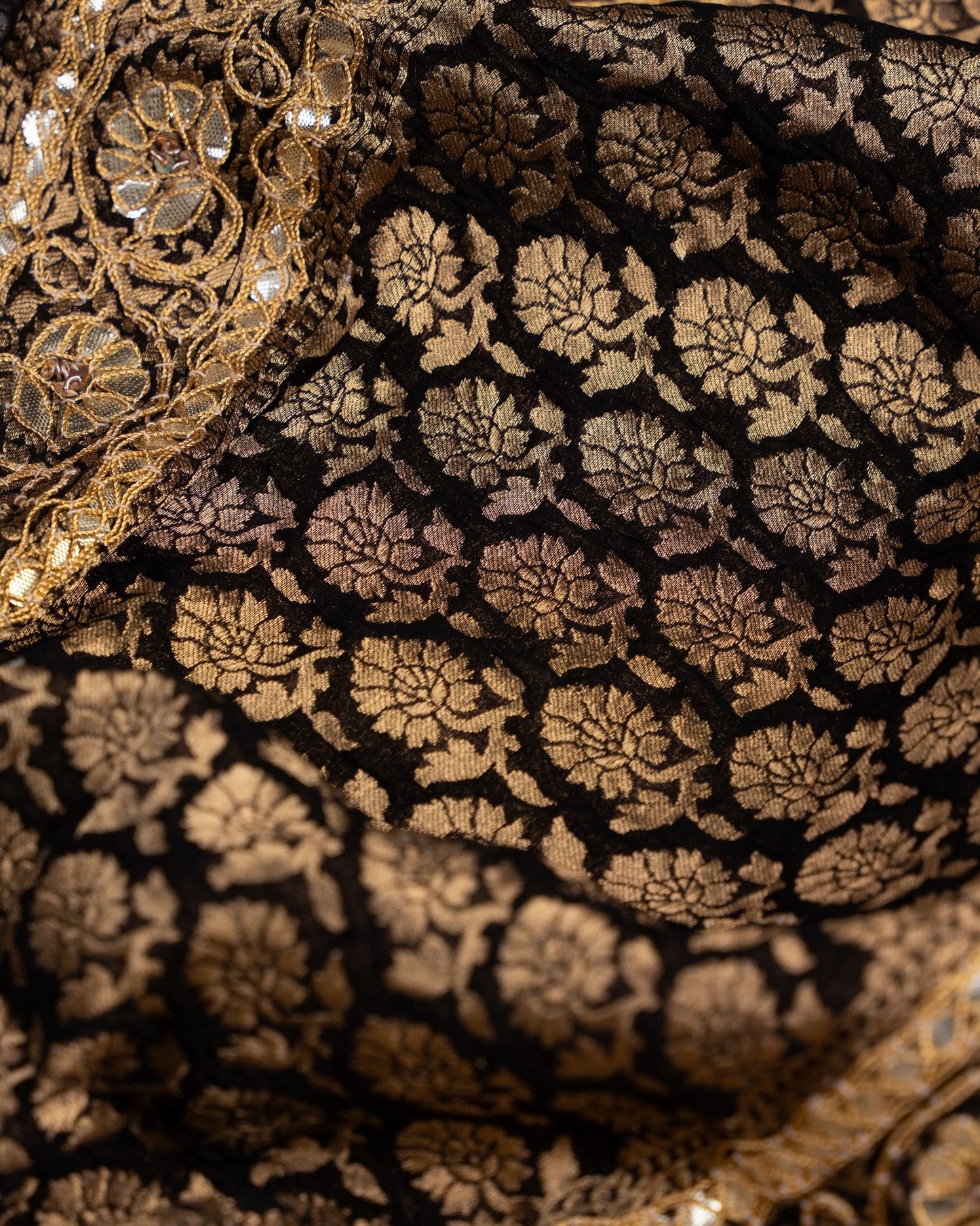 Banarasi Gorgette Black & Gold Midnight Star Saree With Stitched Blouse In Size 38-44 mayukhasarees