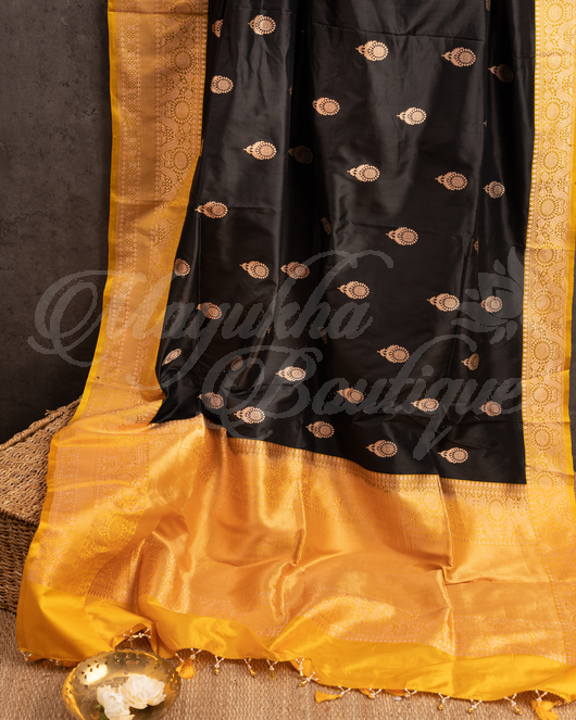 Banarasi Katan Silk Black Saree With Stitched Blouse In Size 38-44 mayukhasarees