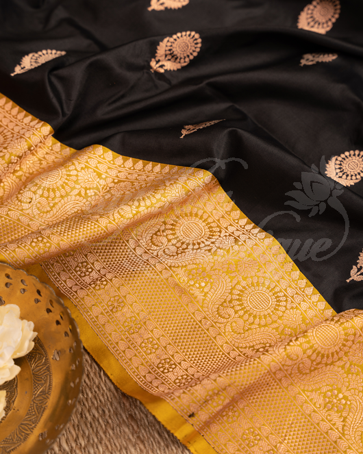 Banarasi Katan Silk Black Saree With Stitched Blouse In Size 38-44 mayukhasarees
