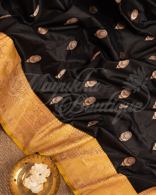 Banarasi Katan Silk Black Saree With Stitched Blouse In Size 38-44 mayukhasarees