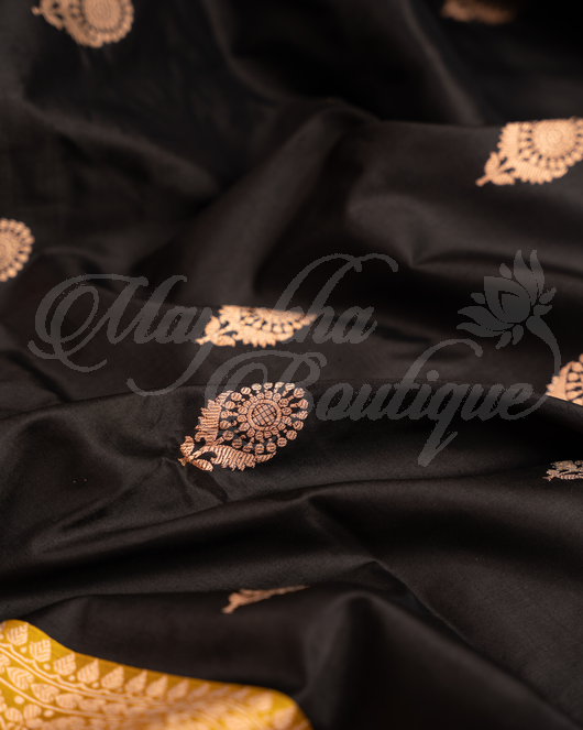 Banarasi Katan Silk Black Saree With Stitched Blouse In Size 38-44 mayukhasarees