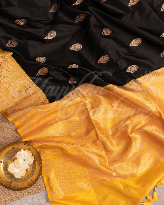 Banarasi Katan Silk Black Saree With Stitched Blouse In Size 38-44 mayukhasarees