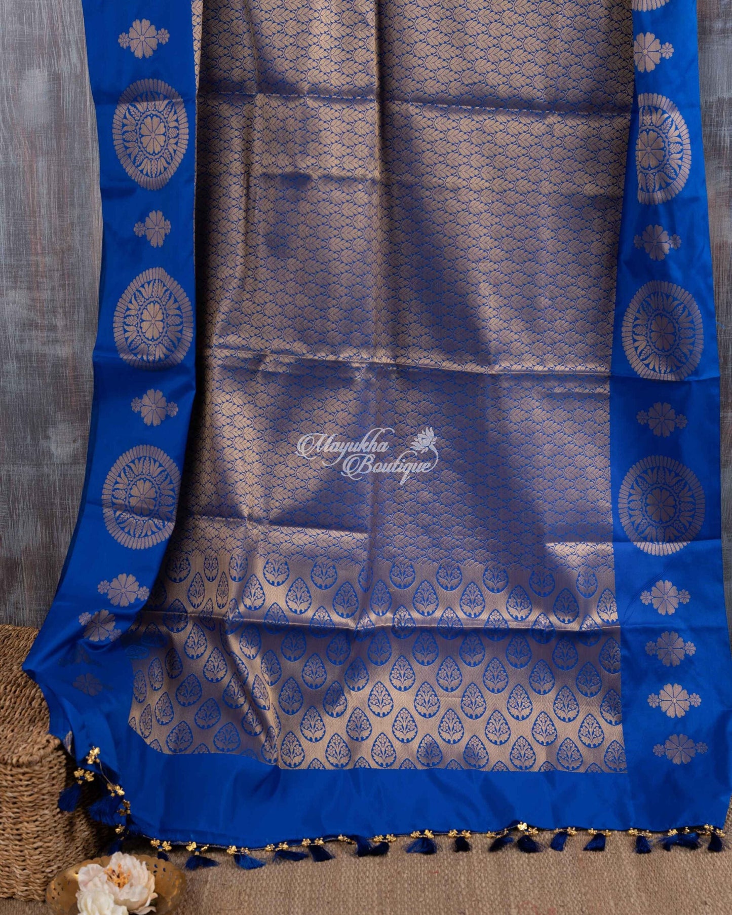 Banarasi Muslin With All Over Banarasi Weaving Blue & Gold Blue Walks Saree With Stitched Blouse In Size 38-44 mayukhasarees
