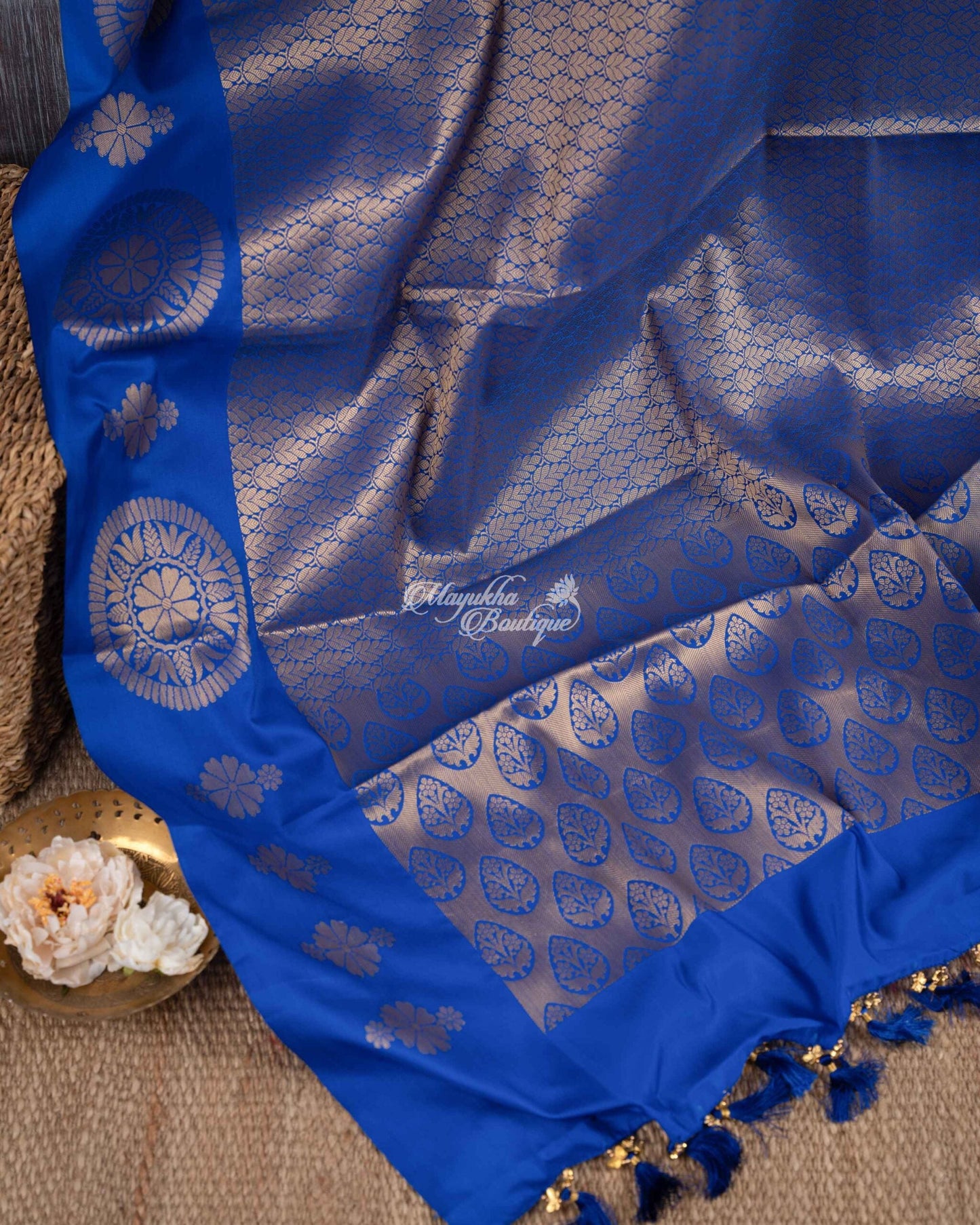 Banarasi Muslin With All Over Banarasi Weaving Blue & Gold Blue Walks Saree With Stitched Blouse In Size 38-44 mayukhasarees