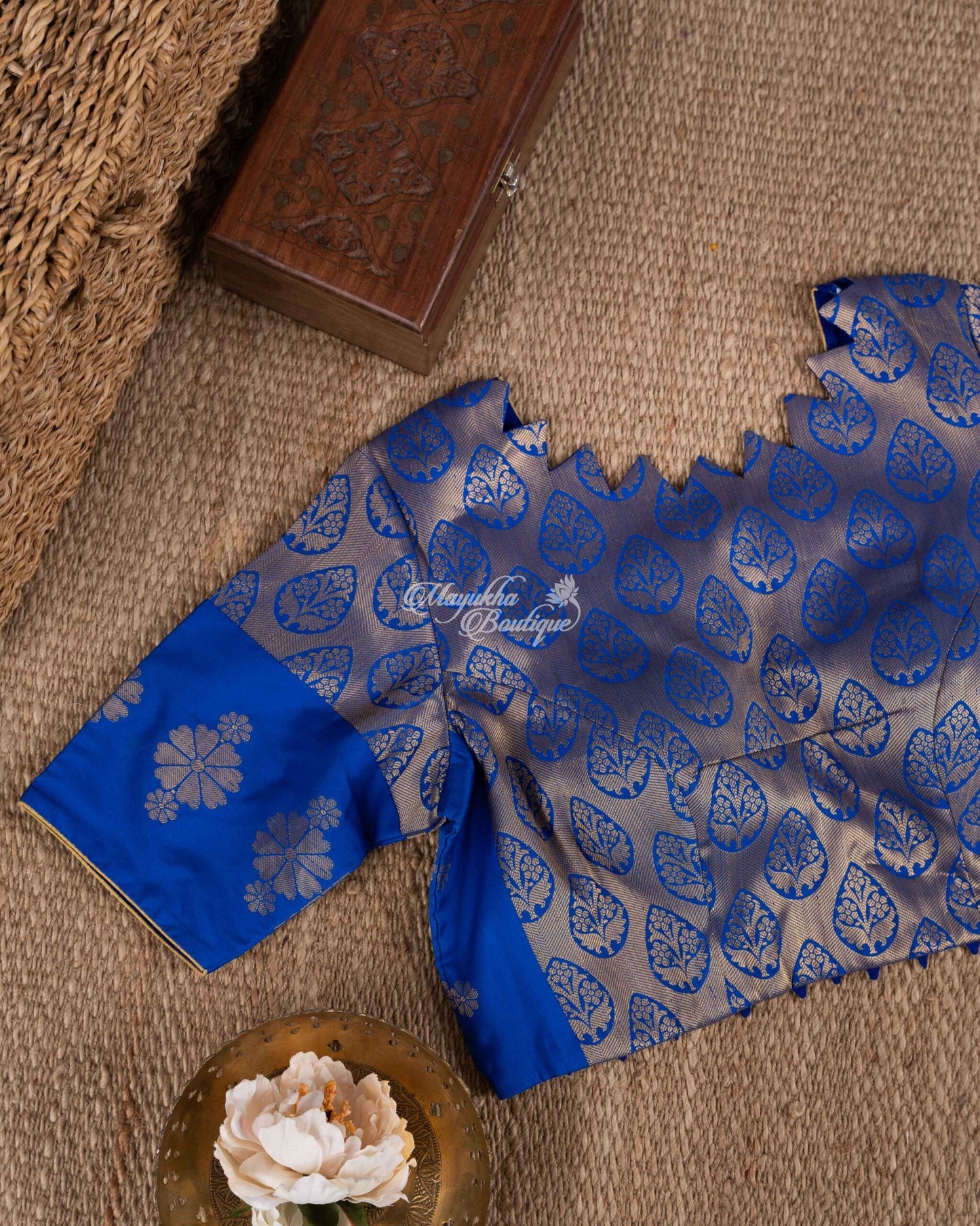 Banarasi Muslin With All Over Banarasi Weaving Blue & Gold Blue Walks Saree With Stitched Blouse In Size 38-44 mayukhasarees