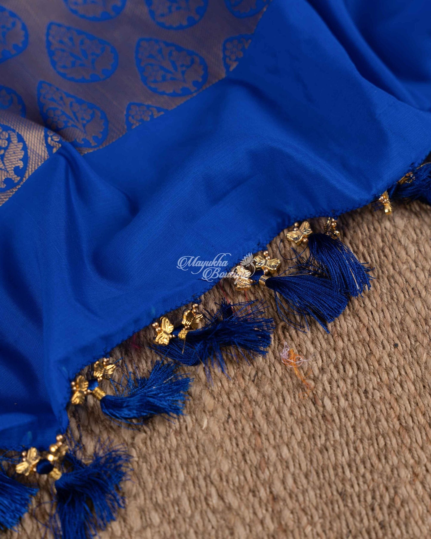 Banarasi Muslin With All Over Banarasi Weaving Blue & Gold Blue Walks Saree With Stitched Blouse In Size 38-44 mayukhasarees