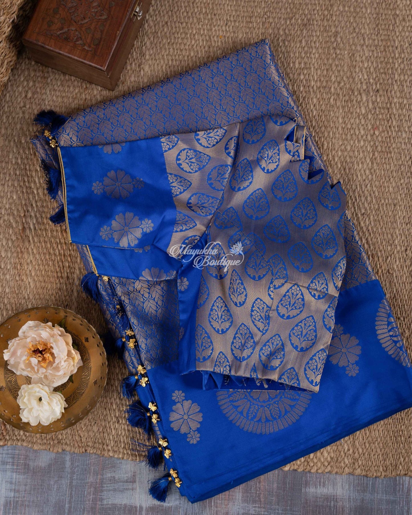 Banarasi Muslin With All Over Banarasi Weaving Blue & Gold Blue Walks Saree With Stitched Blouse In Size 38-44 mayukhasarees