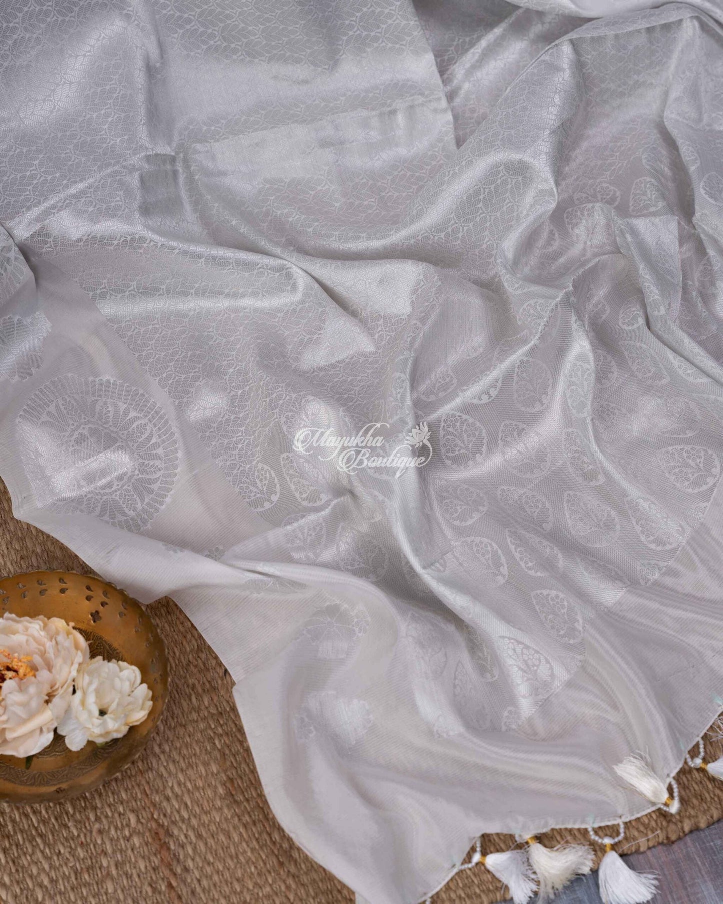Banarasi Muslin With All Over Banarasi Weaving Silver Muslin Magnificence Saree With Stitched Blouse In Size 38-44 mayukhasarees