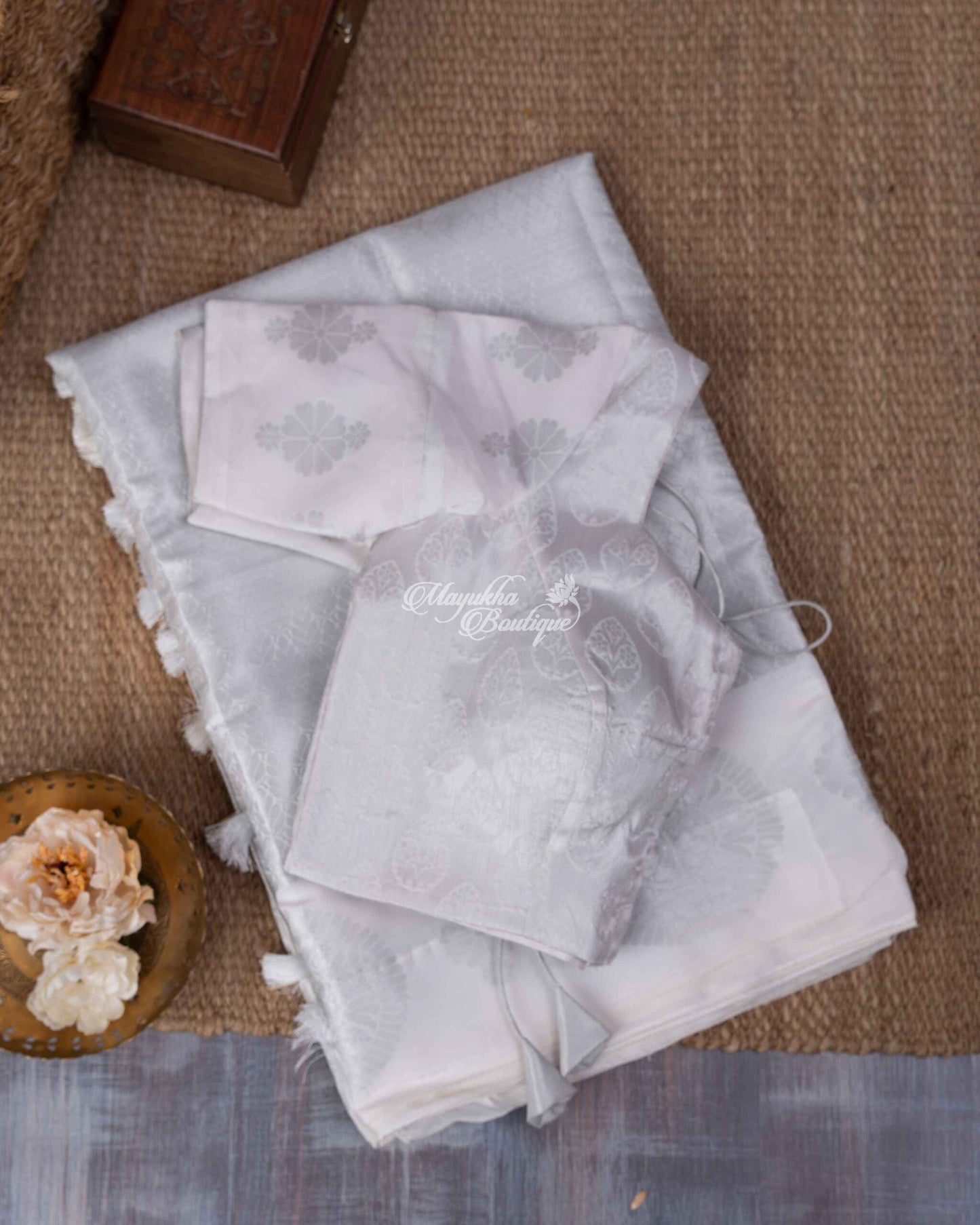 Banarasi Muslin With All Over Banarasi Weaving Silver Muslin Magnificence Saree With Stitched Blouse In Size 38-44 mayukhasarees