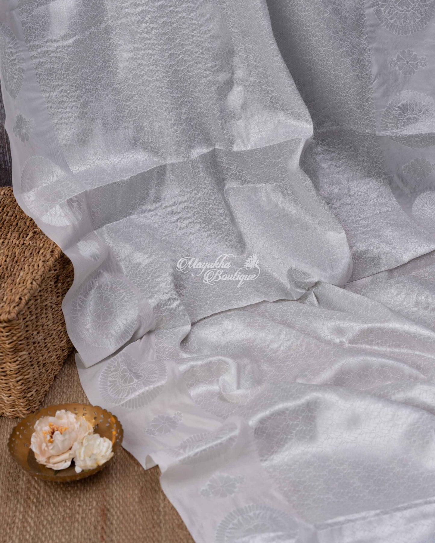 Banarasi Muslin With All Over Banarasi Weaving Silver Muslin Magnificence Saree With Stitched Blouse In Size 38-44 mayukhasarees