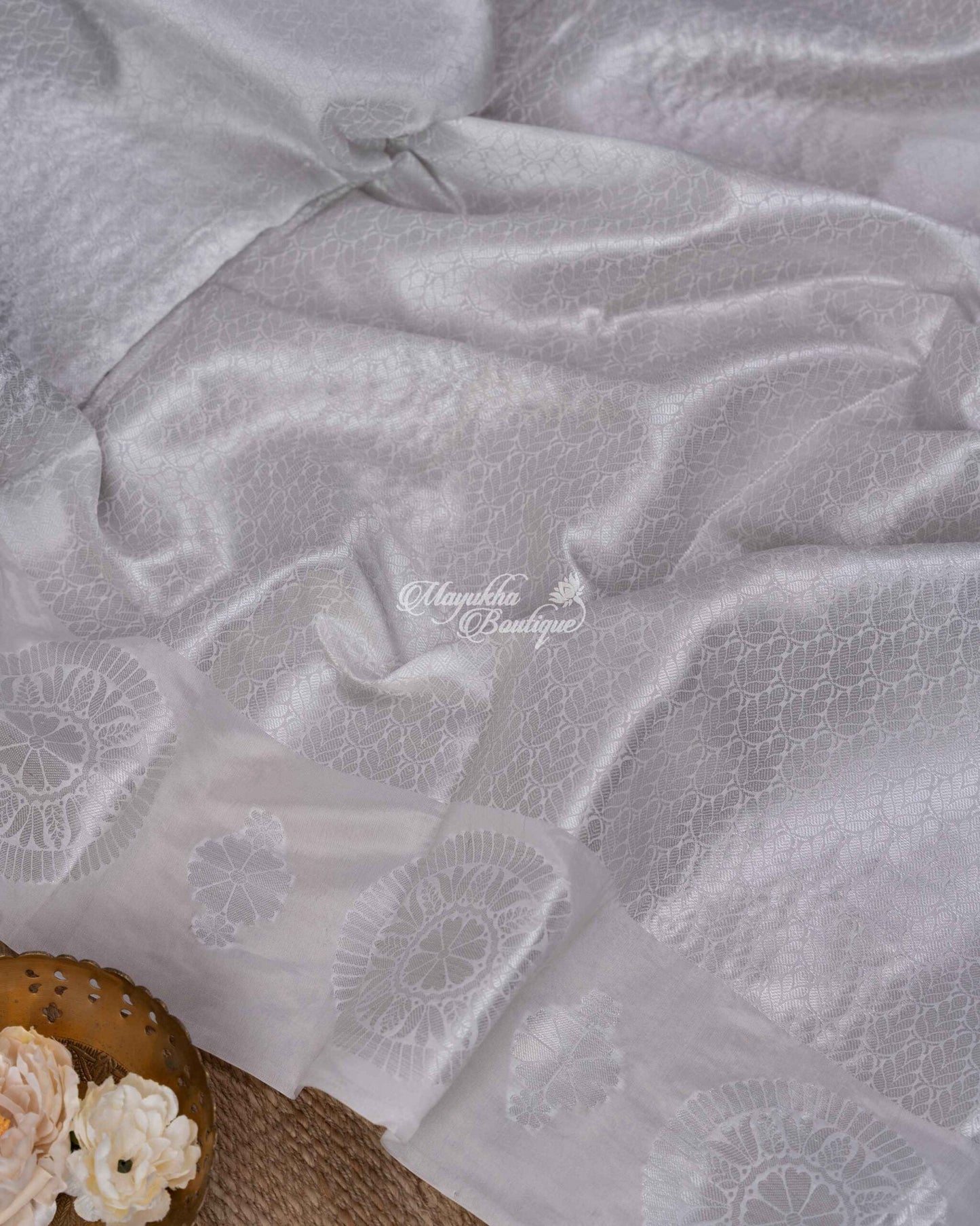 Banarasi Muslin With All Over Banarasi Weaving Silver Muslin Magnificence Saree With Stitched Blouse In Size 38-44 mayukhasarees