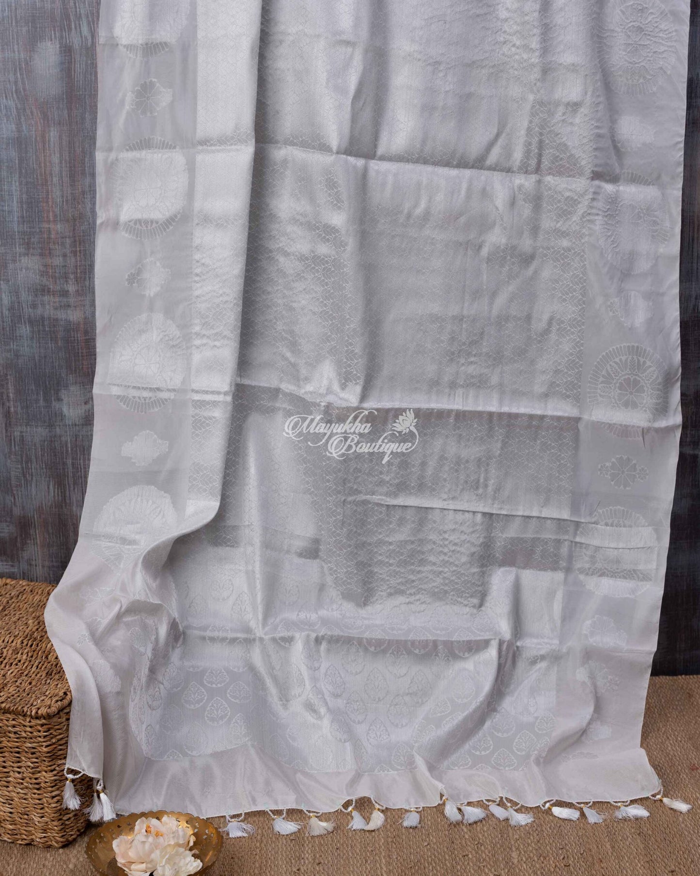 Banarasi Muslin With All Over Banarasi Weaving Silver Muslin Magnificence Saree With Stitched Blouse In Size 38-44 mayukhasarees