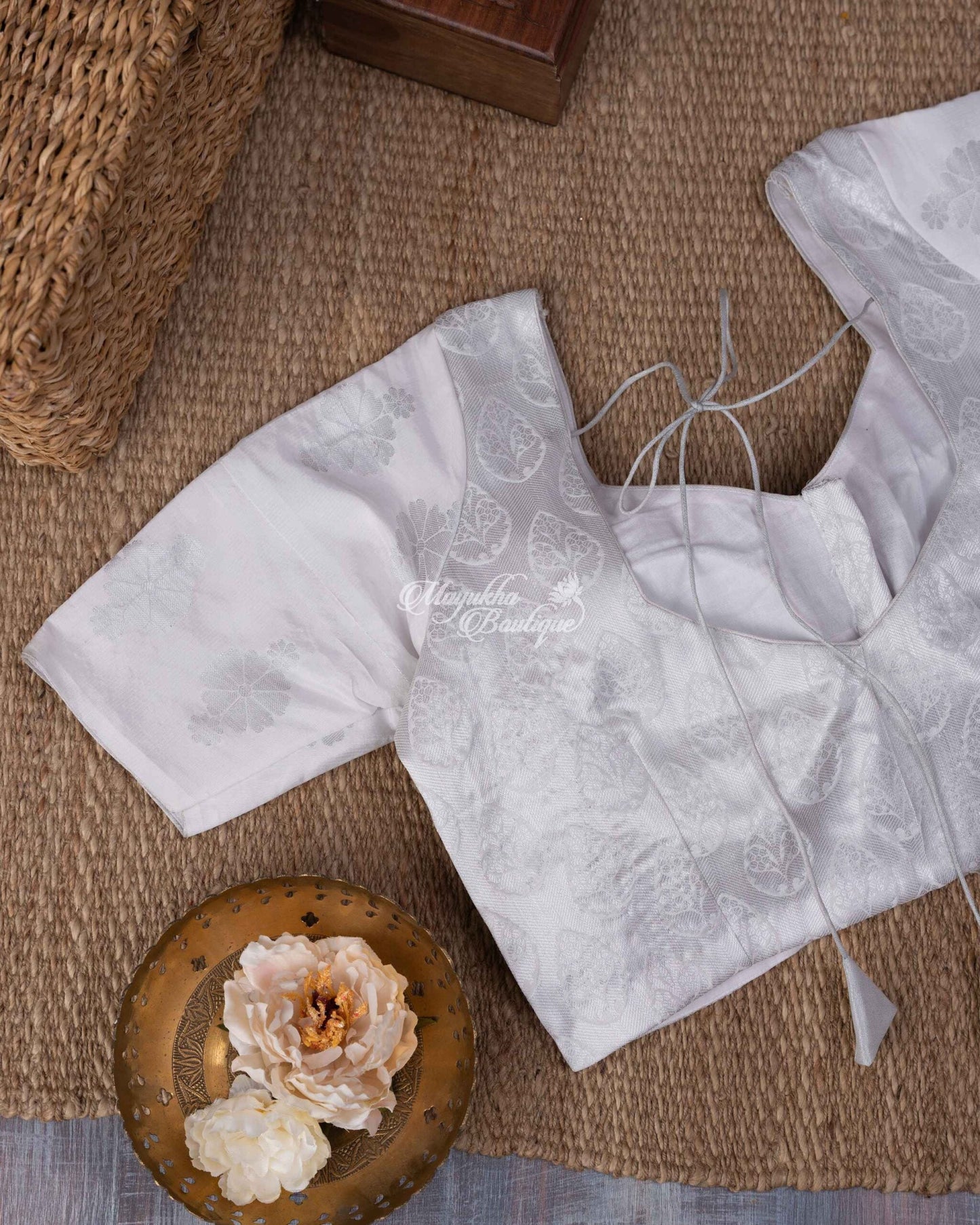 Banarasi Muslin With All Over Banarasi Weaving Silver Muslin Magnificence Saree With Stitched Blouse In Size 38-44 mayukhasarees