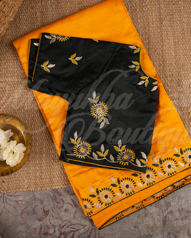 Banarasi Pure Dola Silk Yellow & Black Saree With Stitched Blouse In Size 38-44 mayukhasarees