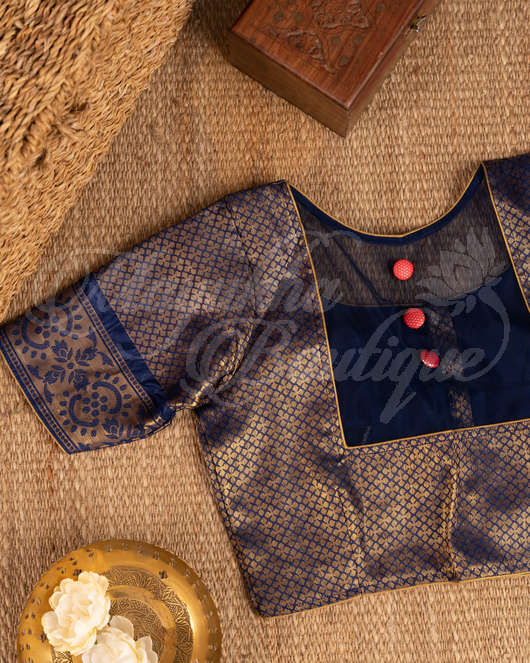 Banarasi Soft Silk Golden Rose Pink & Navy Blue Saree With Stitched Blouse In Size 38-44 mayukhasarees