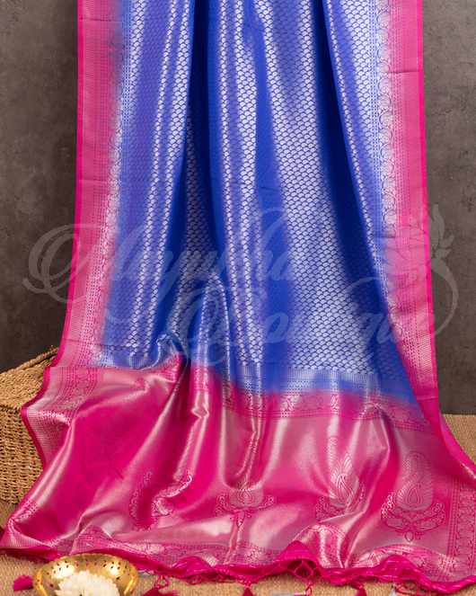 Banarasi Soft Silk Navy Blue & Pink Saree With Stitched Blouse In Size 38-44 mayukhasarees
