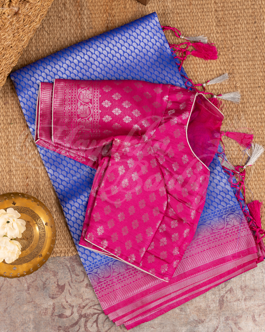 Banarasi Soft Silk Navy Blue & Pink Saree With Stitched Blouse In Size 38-44 mayukhasarees