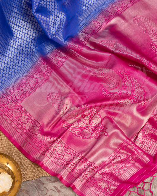 Banarasi Soft Silk Navy Blue & Pink Saree With Stitched Blouse In Size 38-44 mayukhasarees