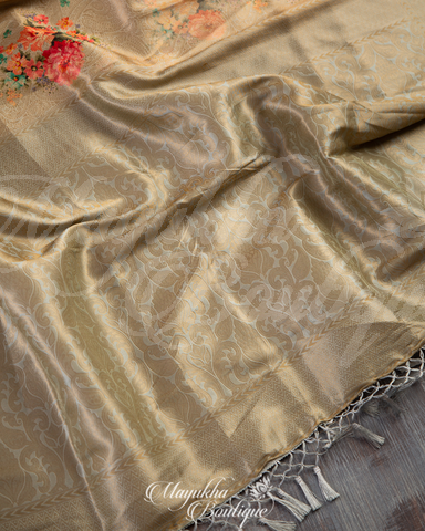 Banarasi Soft Silk Pale Gold Saree With Stitched Blouse In Size 38-44 mayukhasarees