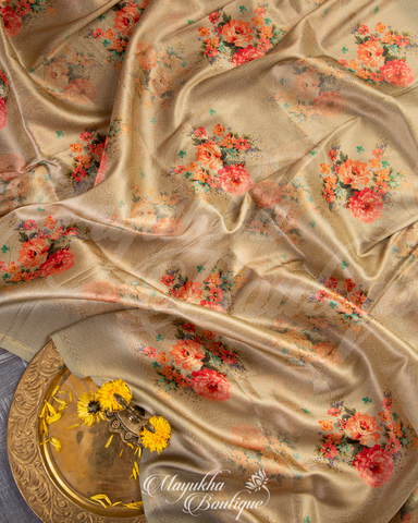 Banarasi Soft Silk Pale Gold Saree With Stitched Blouse In Size 38-44 mayukhasarees