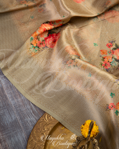 Banarasi Soft Silk Pale Gold Saree With Stitched Blouse In Size 38-44 mayukhasarees