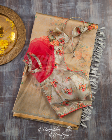 Banarasi Soft Silk Pale Gold Saree With Stitched Blouse In Size 38-44 mayukhasarees