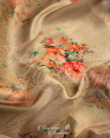 Banarasi Soft Silk Pale Gold Saree With Stitched Blouse In Size 38-44 mayukhasarees