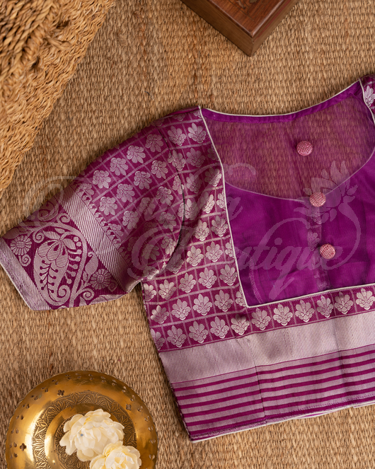 Banarasi Soft Silk Peach & Purple Saree With Stitched Blouse In Size 38-44 mayukhasarees
