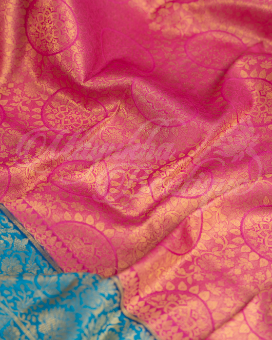 Banarasi Soft Silk Rose Gold & Ocean Blue Saree With Stitched Blouse In Size 38-44 mayukhasarees